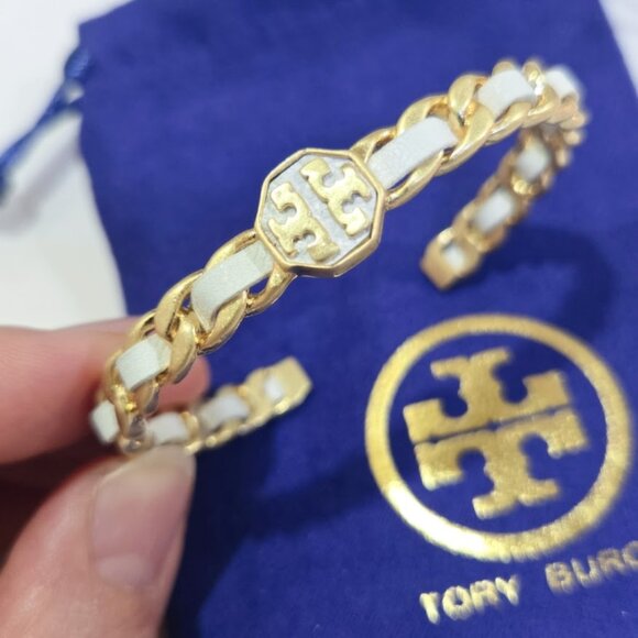 NWOT Tory burch Marion White Leather & Gold tone cuff bracelet bangle - Picture 1 of 2